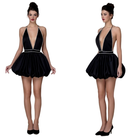 Nwot Lena Black Satin Halter Deep Plunge Rhinestone Trim Bubble Cocktail Dress - Picture 6 of 17